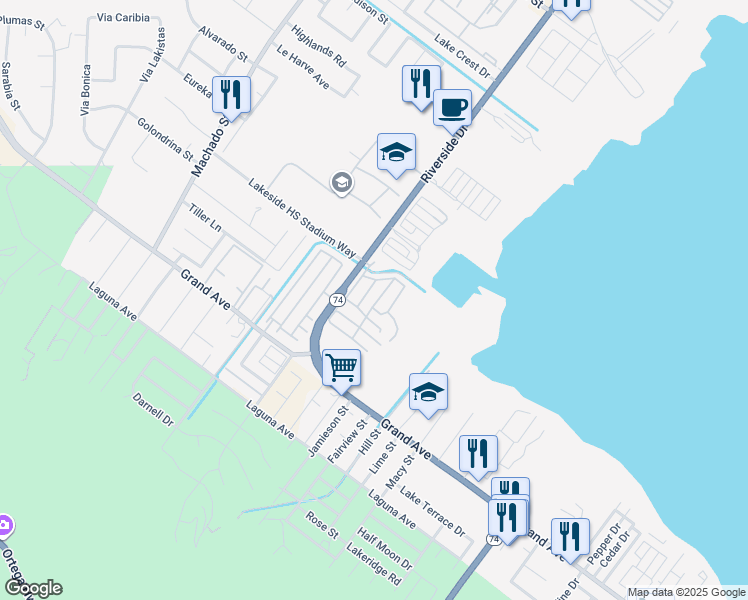 map of restaurants, bars, coffee shops, grocery stores, and more near 32900 Riverside Drive in Lake Elsinore