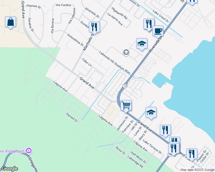 map of restaurants, bars, coffee shops, grocery stores, and more near 32866 Crown Point Lane in Lake Elsinore