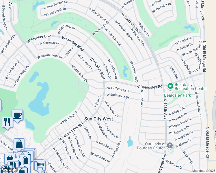map of restaurants, bars, coffee shops, grocery stores, and more near 13234 West La Terraza Drive in Sun City West