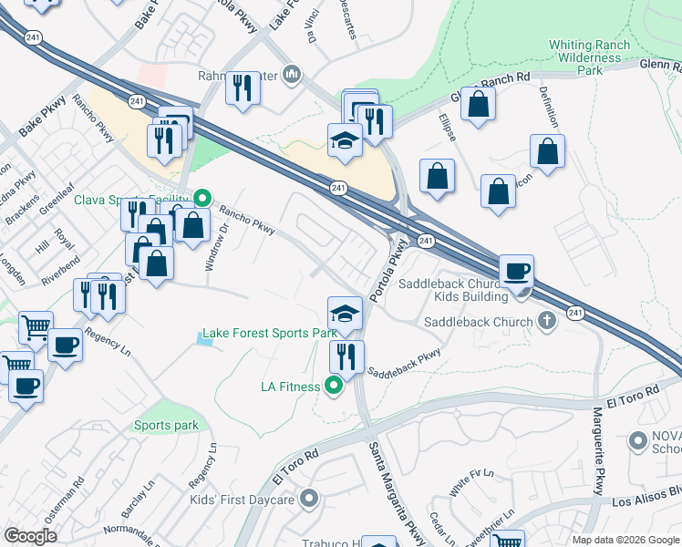 map of restaurants, bars, coffee shops, grocery stores, and more near 225 Bryce Run in Lake Forest