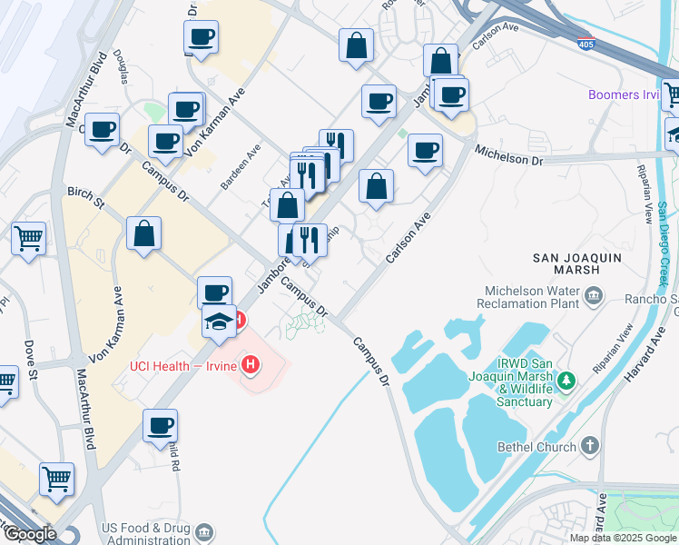 map of restaurants, bars, coffee shops, grocery stores, and more near 2414 Scholarship in Irvine
