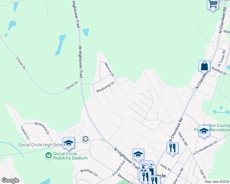 map of restaurants, bars, coffee shops, grocery stores, and more near 530 Walton Drive in Social Circle