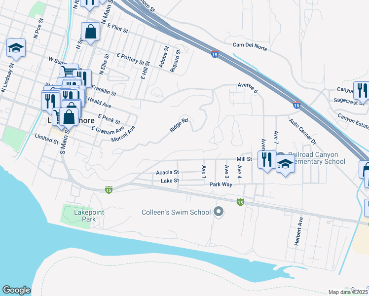 map of restaurants, bars, coffee shops, grocery stores, and more near Country Club Boulevard in Lake Elsinore