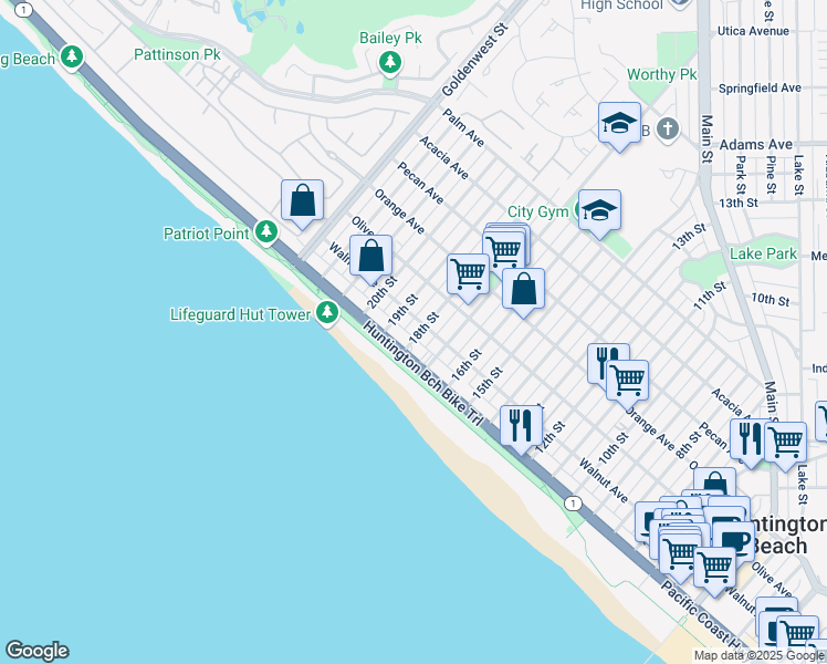 map of restaurants, bars, coffee shops, grocery stores, and more near 113 18th Street in Huntington Beach