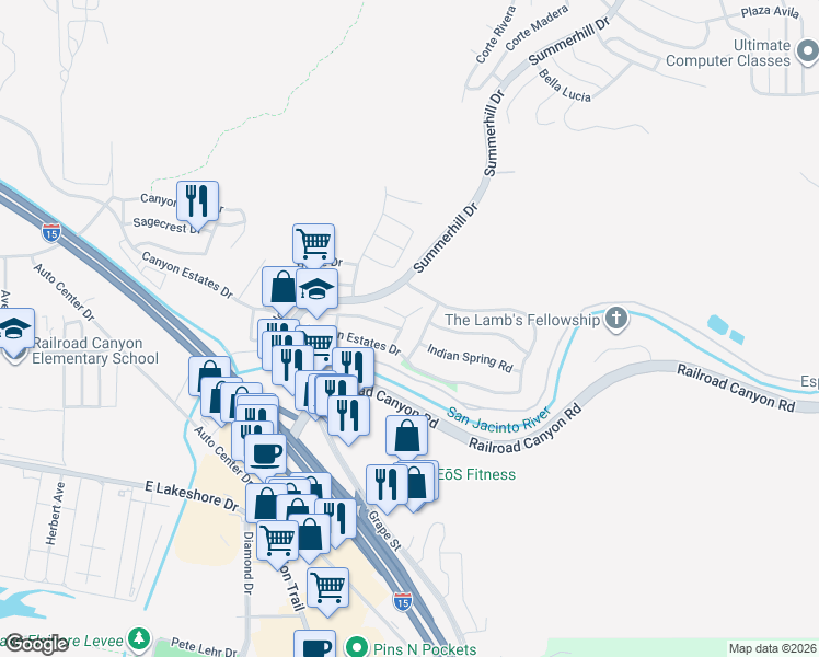 map of restaurants, bars, coffee shops, grocery stores, and more near 22046 Mariposa Dr in Lake Elsinore