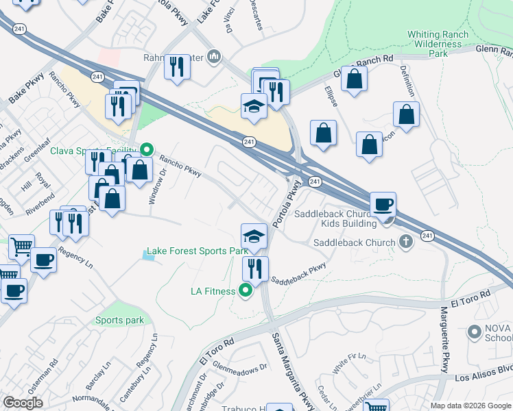 map of restaurants, bars, coffee shops, grocery stores, and more near 155 Bryce Run in Lake Forest