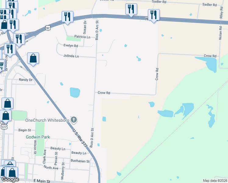 map of restaurants, bars, coffee shops, grocery stores, and more near 532 Crow Road in Whitesboro