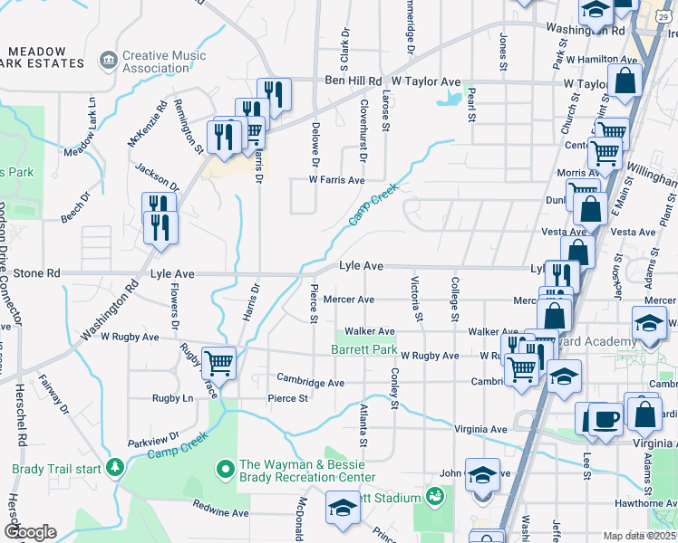 map of restaurants, bars, coffee shops, grocery stores, and more near 2078 Lyle Avenue in College Park