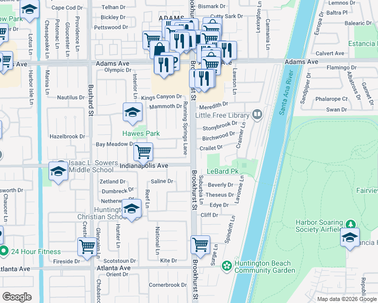 map of restaurants, bars, coffee shops, grocery stores, and more near 20422 Running Springs Lane in Huntington Beach