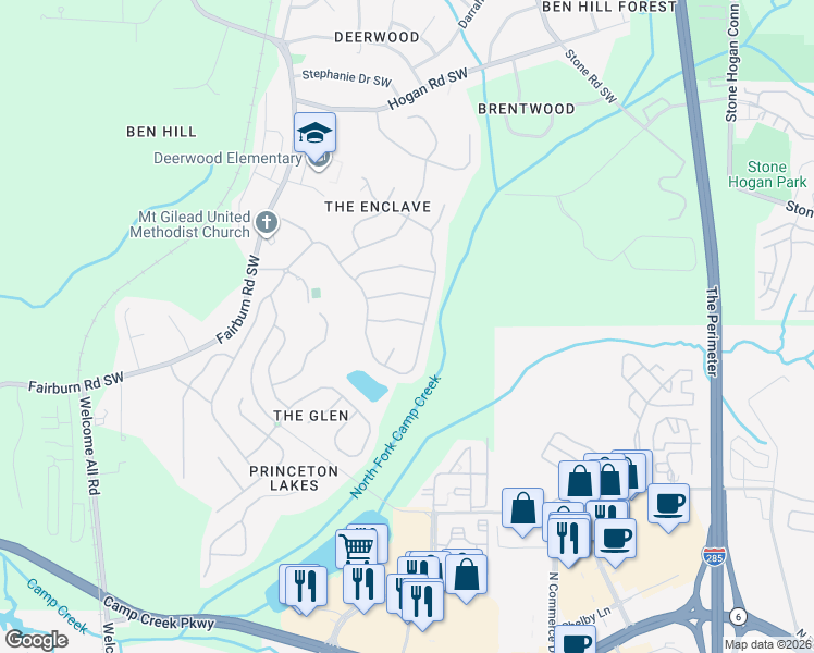 map of restaurants, bars, coffee shops, grocery stores, and more near 3162 Belfour Lane Southwest in Atlanta