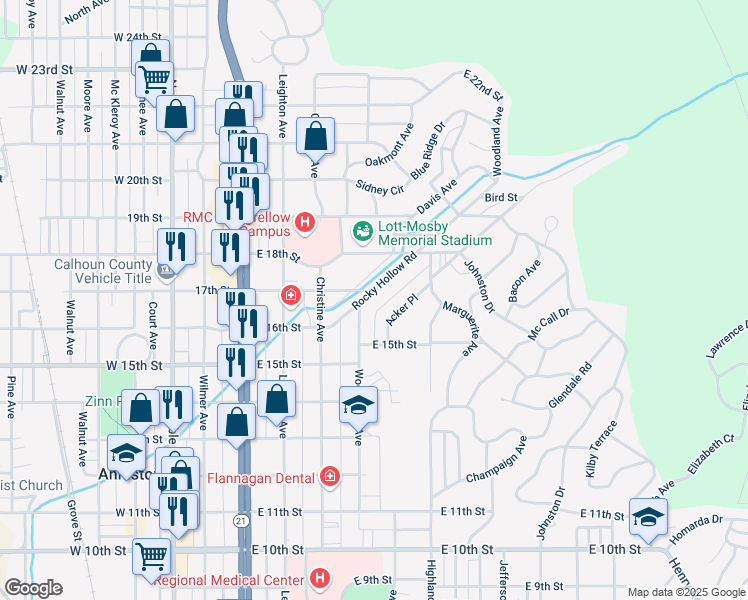 map of restaurants, bars, coffee shops, grocery stores, and more near 1631 Rocky Hollow Road in Anniston