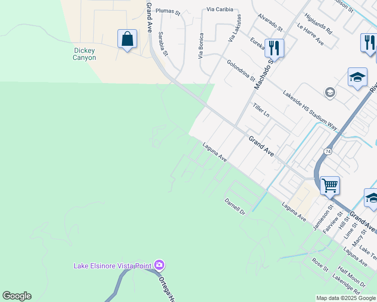 map of restaurants, bars, coffee shops, grocery stores, and more near 33271 Mandaville Way in Lake Elsinore