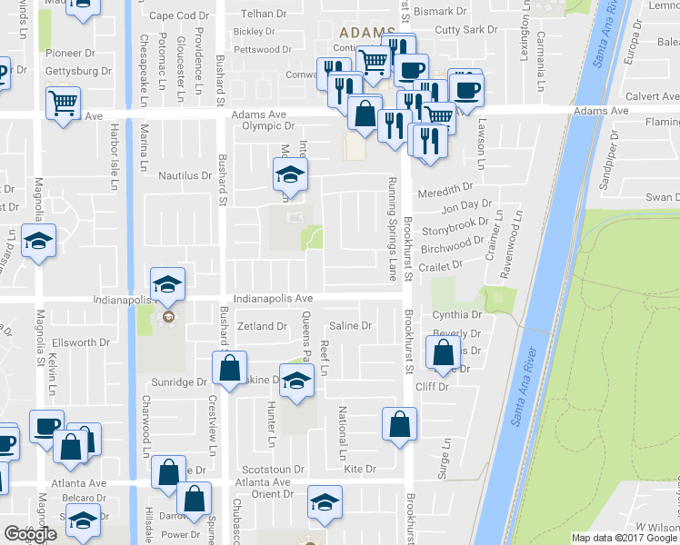 map of restaurants, bars, coffee shops, grocery stores, and more near 9832 Vicksburg Drive in Huntington Beach