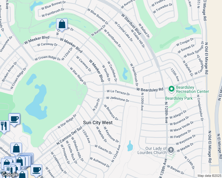 map of restaurants, bars, coffee shops, grocery stores, and more near 13234 West La Terraza Drive in Sun City West