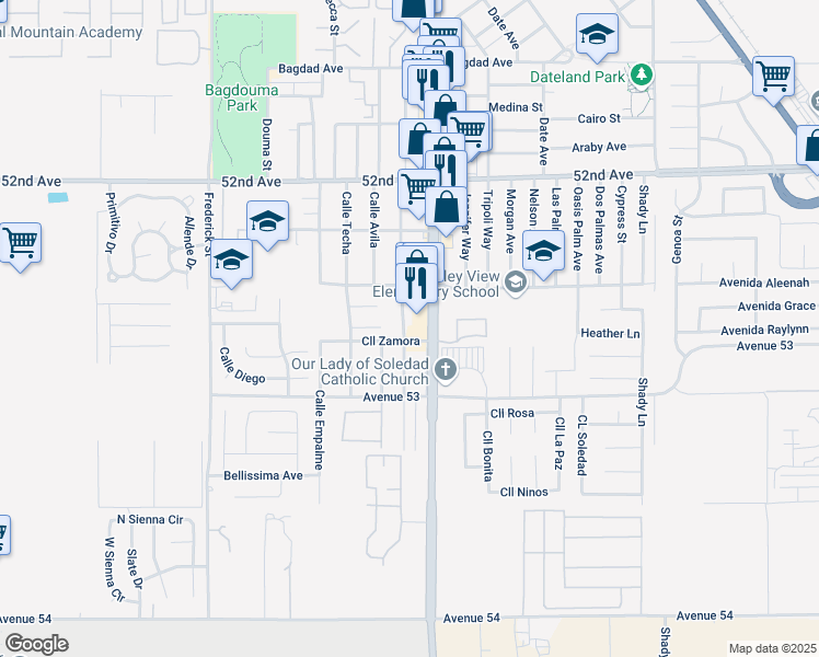 map of restaurants, bars, coffee shops, grocery stores, and more near 52694 Calle Camacho in Coachella