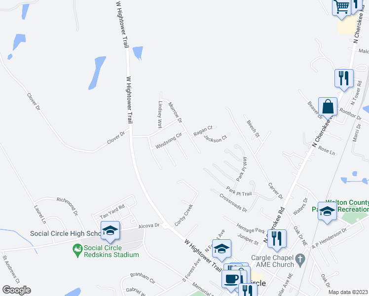 map of restaurants, bars, coffee shops, grocery stores, and more near 530 Walton Drive in Social Circle