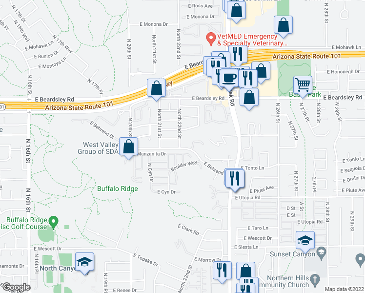 map of restaurants, bars, coffee shops, grocery stores, and more near 2210 East Behrend Drive in Phoenix