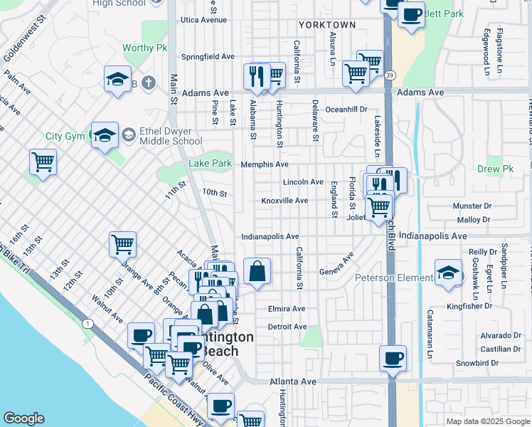 map of restaurants, bars, coffee shops, grocery stores, and more near 213 Joliet Avenue in Huntington Beach