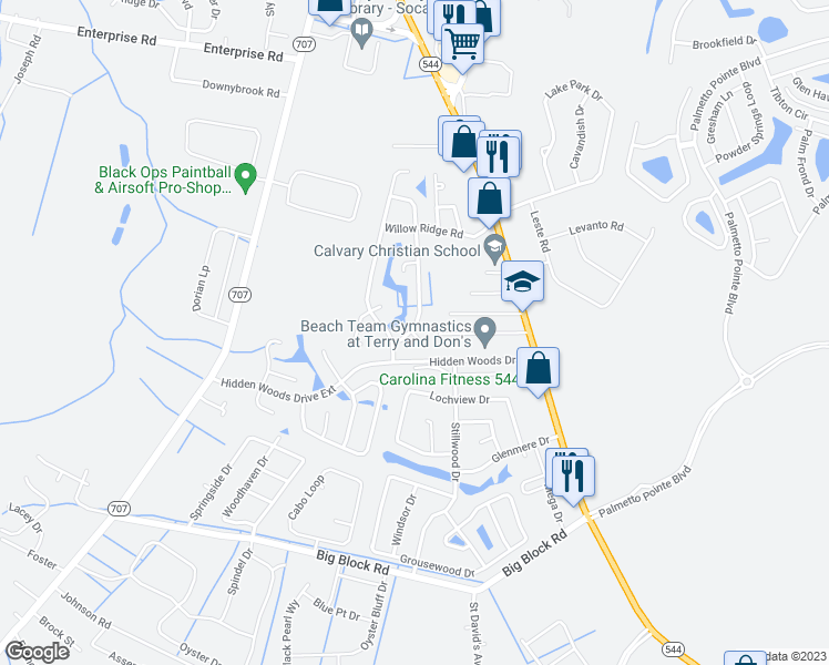 map of restaurants, bars, coffee shops, grocery stores, and more near 103 Heatherwood Place in Myrtle Beach
