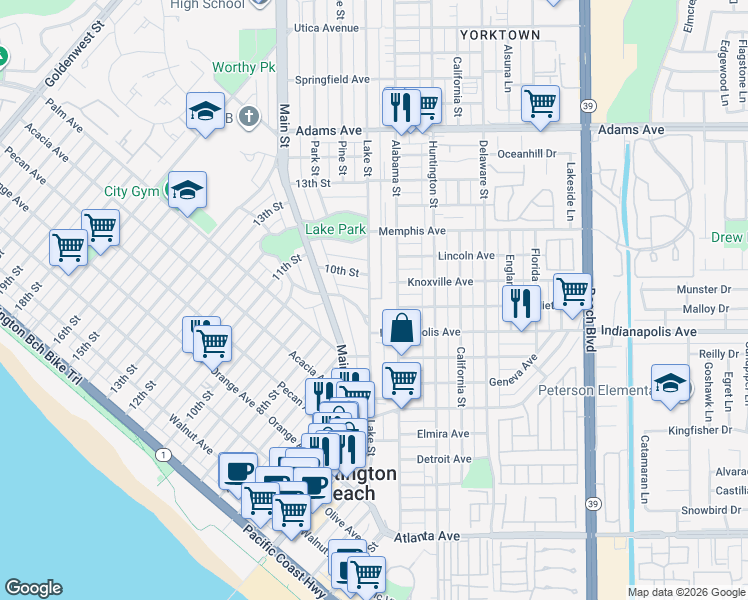 map of restaurants, bars, coffee shops, grocery stores, and more near 808 Lake Street in Huntington Beach