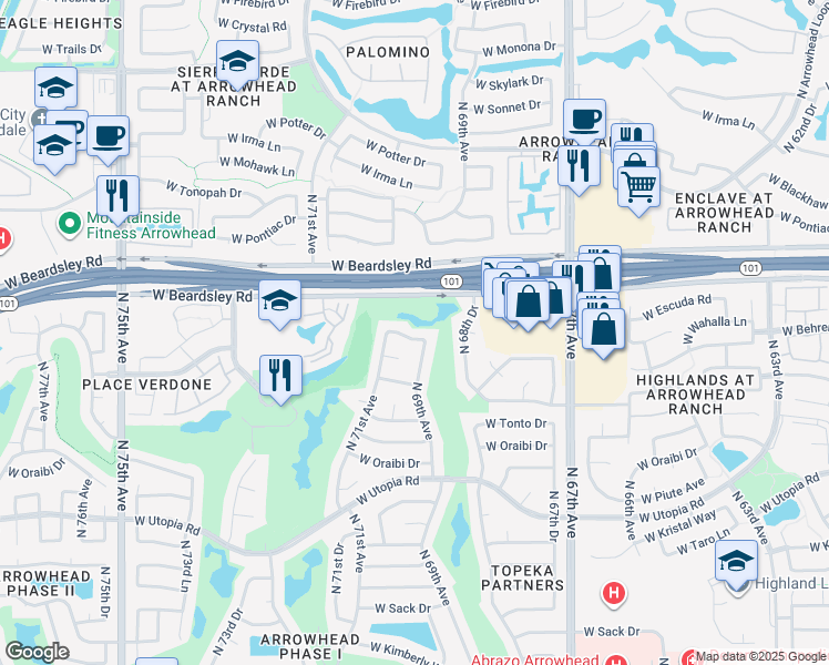 map of restaurants, bars, coffee shops, grocery stores, and more near 6914 West Escuda Drive in Glendale