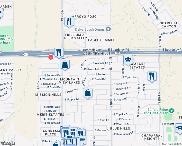 map of restaurants, bars, coffee shops, grocery stores, and more near 924 East Tonto Lane in Phoenix