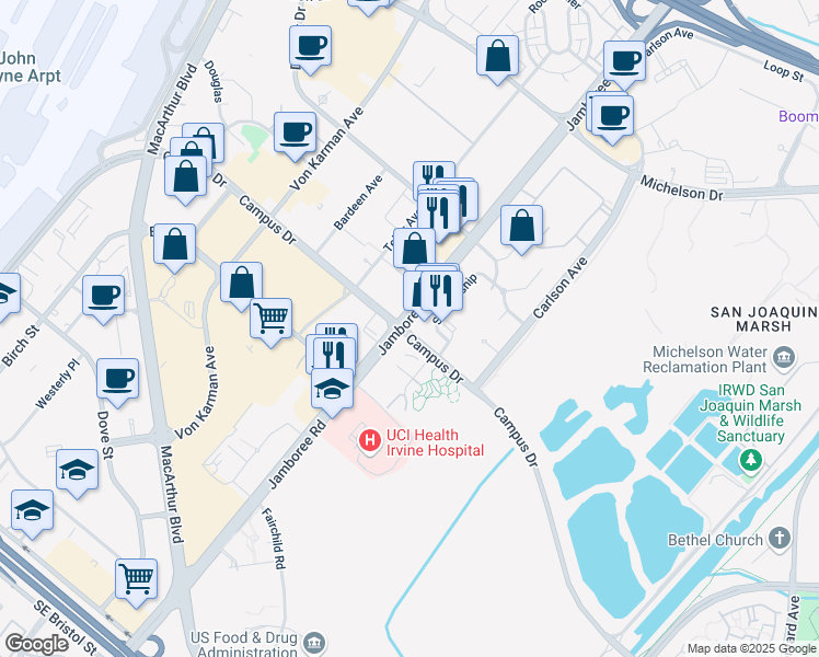 map of restaurants, bars, coffee shops, grocery stores, and more near 19 Campus Drive in Irvine