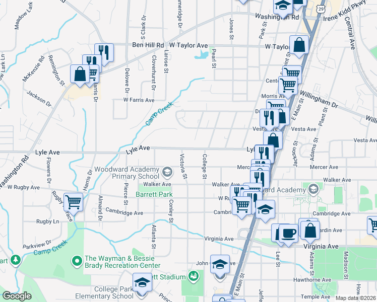 map of restaurants, bars, coffee shops, grocery stores, and more near 1954 Lyle Avenue in College Park