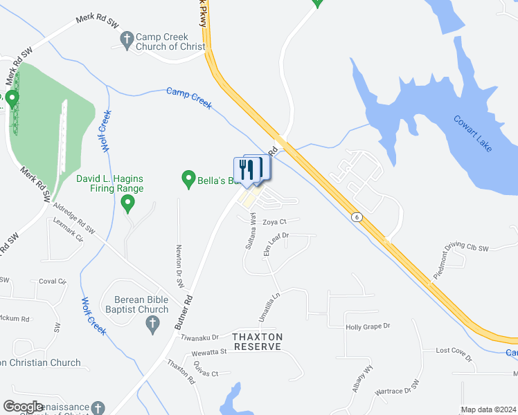 map of restaurants, bars, coffee shops, grocery stores, and more near 111 Kiram Terrace Southwest in Atlanta