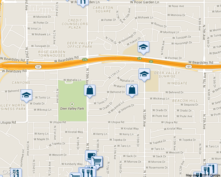 map of restaurants, bars, coffee shops, grocery stores, and more near 19809 North 17th Drive in Phoenix
