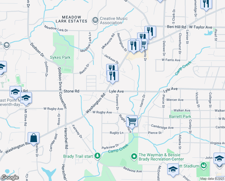 map of restaurants, bars, coffee shops, grocery stores, and more near 3270 Washington Road in Atlanta
