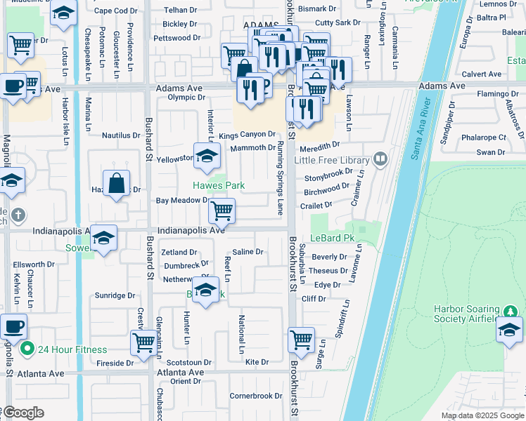 map of restaurants, bars, coffee shops, grocery stores, and more near 9902 Vicksburg Drive in Huntington Beach