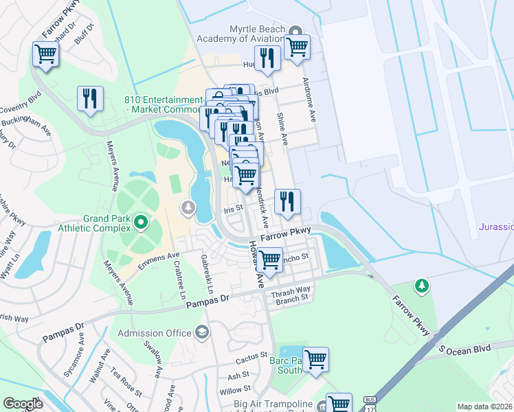 map of restaurants, bars, coffee shops, grocery stores, and more near 921 Iris Street in Myrtle Beach