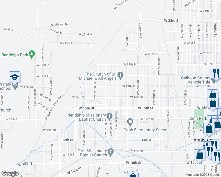 map of restaurants, bars, coffee shops, grocery stores, and more near 1116 West 17th Street in Anniston