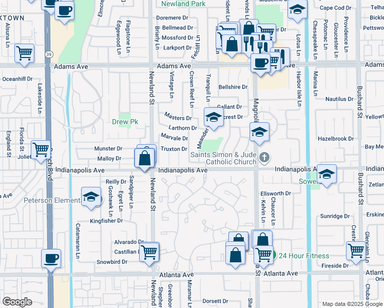 map of restaurants, bars, coffee shops, grocery stores, and more near 20402 Camfield Ln in Huntington Beach