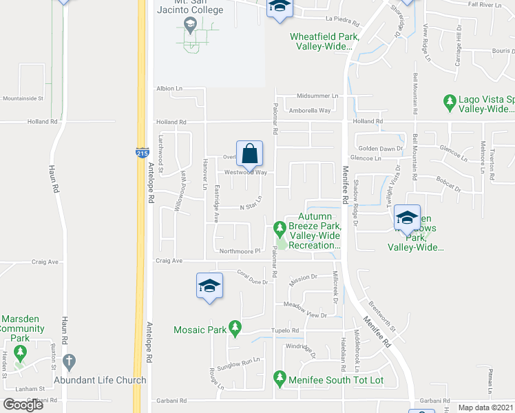 map of restaurants, bars, coffee shops, grocery stores, and more near 28423 North Star Lane in Menifee