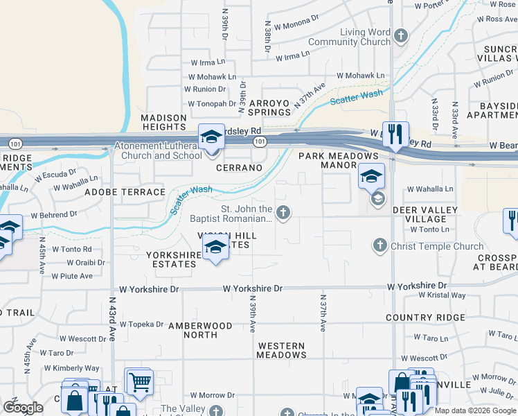 map of restaurants, bars, coffee shops, grocery stores, and more near 3838 West Behrend Drive in Glendale