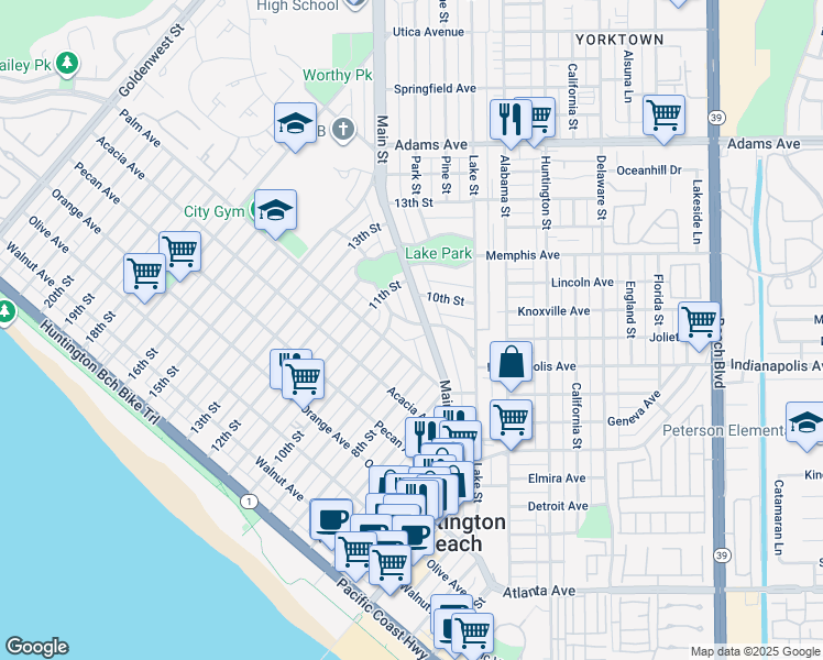 map of restaurants, bars, coffee shops, grocery stores, and more near 311 Crest Avenue in Huntington Beach