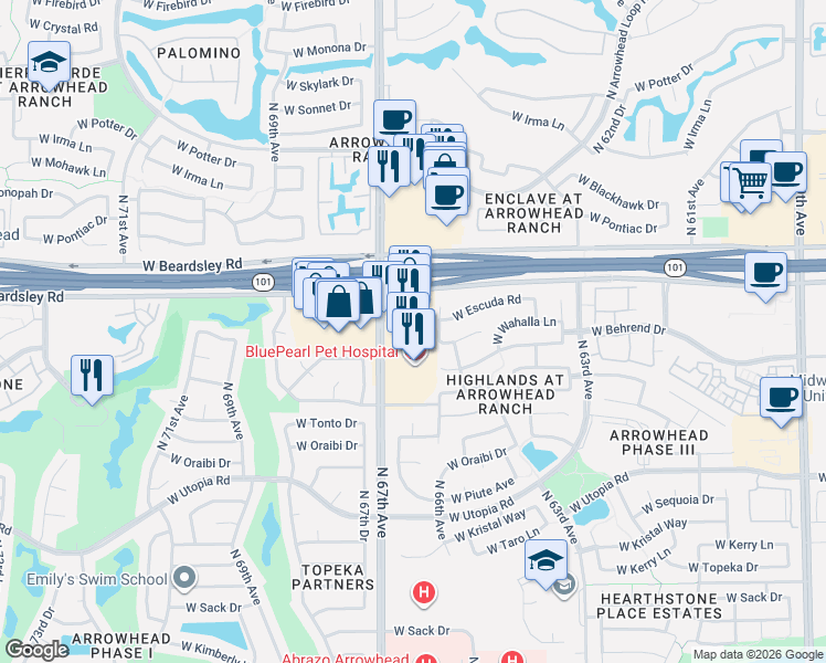 map of restaurants, bars, coffee shops, grocery stores, and more near 20195 North 67th Avenue in Glendale