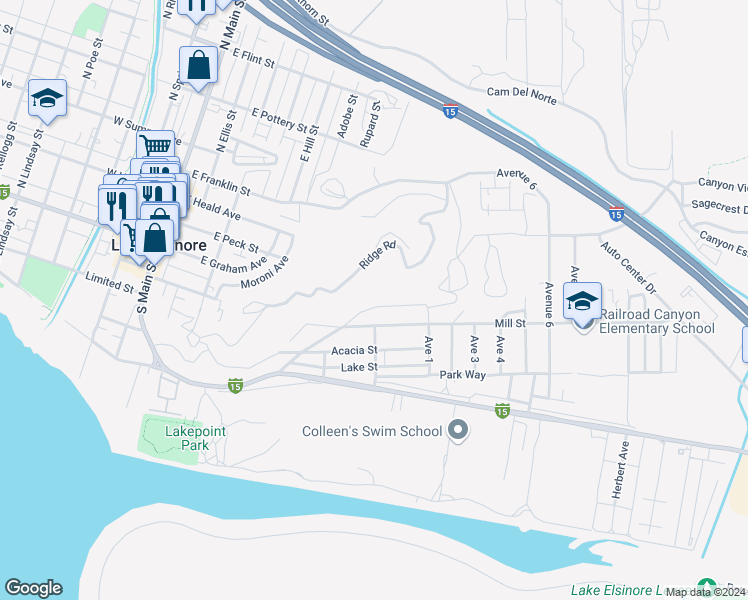 map of restaurants, bars, coffee shops, grocery stores, and more near Country Club Boulevard in Lake Elsinore