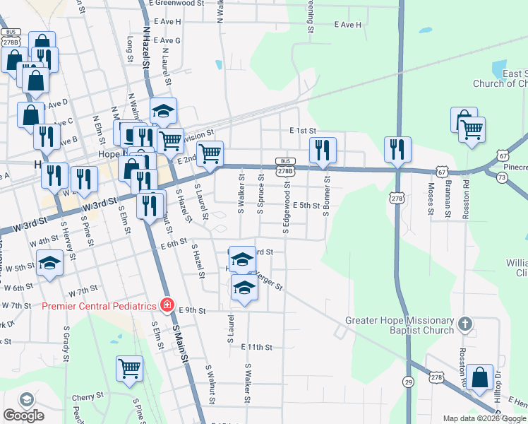 map of restaurants, bars, coffee shops, grocery stores, and more near 505 South Spruce Street in Hope