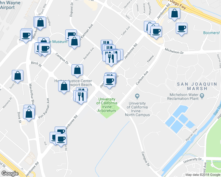 map of restaurants, bars, coffee shops, grocery stores, and more near 6200 Scholarship in Irvine