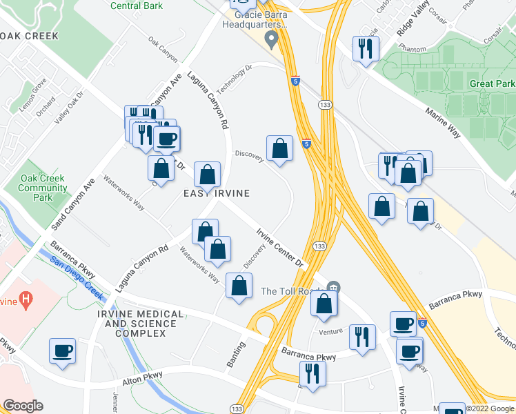 map of restaurants, bars, coffee shops, grocery stores, and more near 47 Discovery in Irvine