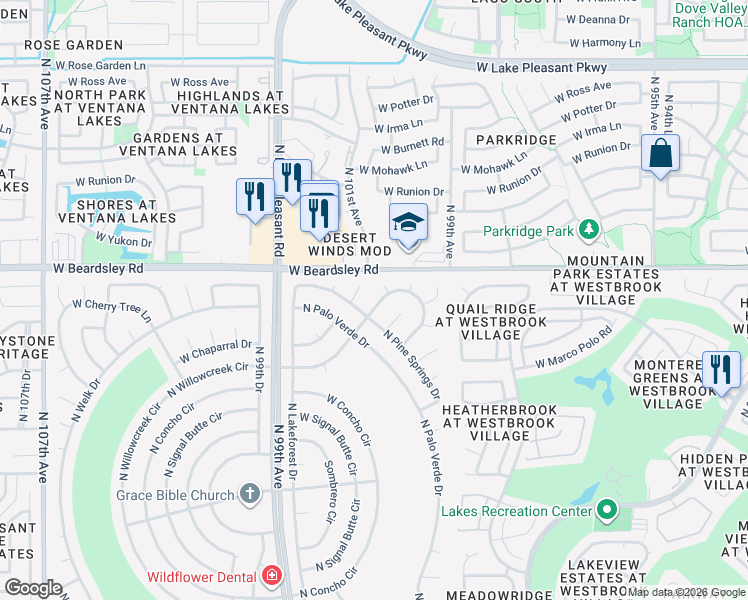 map of restaurants, bars, coffee shops, grocery stores, and more near 20005 North Matador Court in Sun City