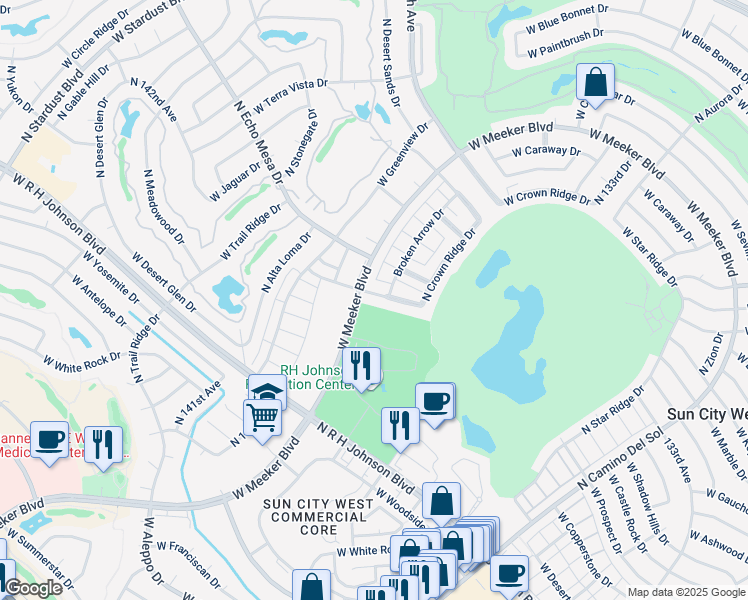 map of restaurants, bars, coffee shops, grocery stores, and more near 13633 Pyracantha Drive in Sun City West