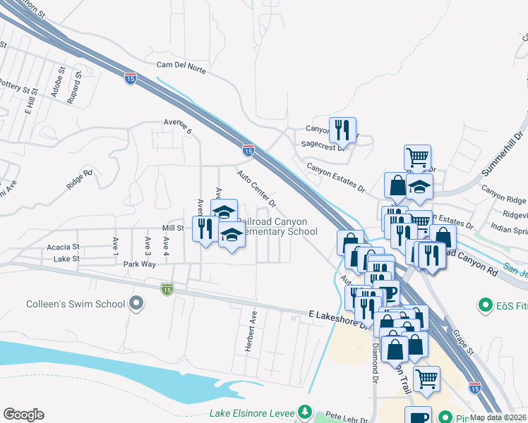 map of restaurants, bars, coffee shops, grocery stores, and more near 1620 Griffin Way in Lake Elsinore