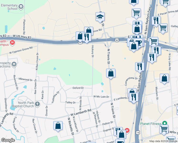 map of restaurants, bars, coffee shops, grocery stores, and more near 3005 North Hickory Street in Sherman