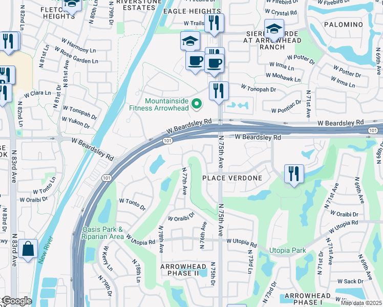 map of restaurants, bars, coffee shops, grocery stores, and more near 7625 West Escuda Drive in Glendale