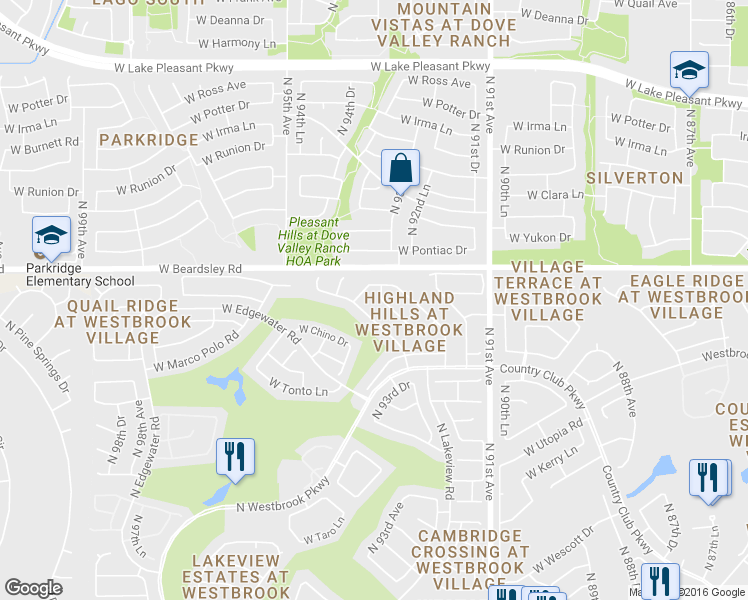map of restaurants, bars, coffee shops, grocery stores, and more near 9295 West Sierra Pinta Drive in Peoria