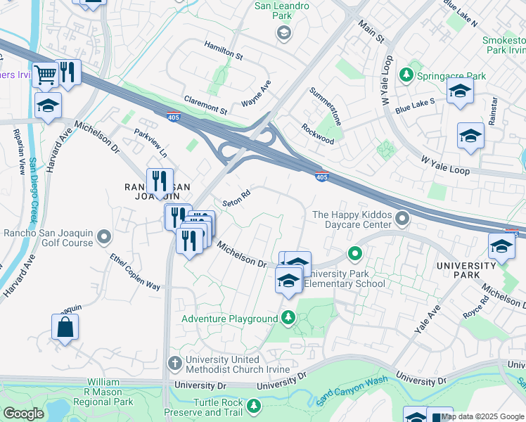 map of restaurants, bars, coffee shops, grocery stores, and more near 4251 Peabody Way in Irvine